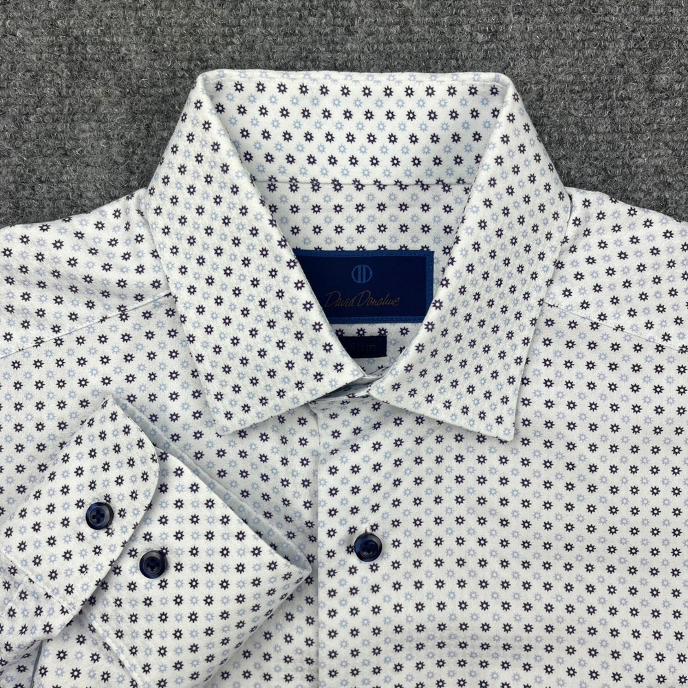David Donahue Mens Slim Fit Dress Shirt 15 32/33 White Blue Starburst Cotton